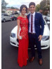 Red Lace Chiffon Backless Long Prom Dress 